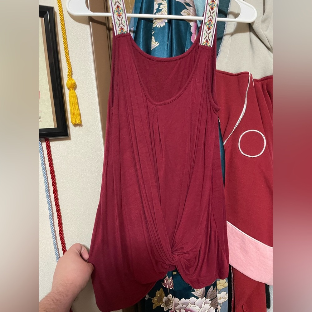 Burgundy Embroidered Strap Flouncy Tank